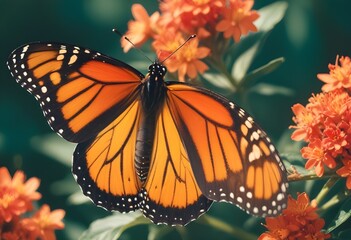 Obraz premium A beautiful butterfly close up sitting on delicate small orange flowers. Macro photography