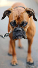 Obraz premium A sad brown dog with a black collar is offended hurt by owner