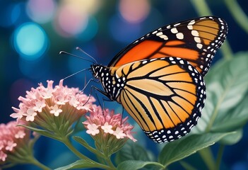 Fototapeta premium A beautiful yellow-orange butterfly close up sitting on a flower in a meadow. Macro photography