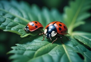 Fototapeta premium A ladybug sitting on a leaf. Macro photography