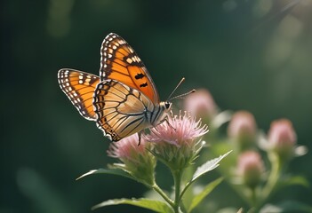Obraz premium A beautiful yellow-orange butterfly close up sitting on a flower in a meadow. Macro photography