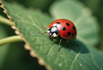 Fototapeta premium Little ladybug walking on a large leaf close up. Macro photography