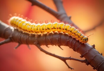 Fototapeta premium Yellow earthworm walking on a branch close up. Macro photography