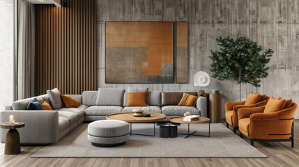 A stylish living room featuring modern furniture, large windows, and minimalist decor, creating a spacious and comfortable environment perfect for relaxation.