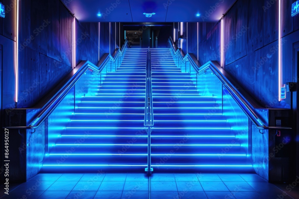Poster A set of stairs illuminated with blue lights, perfect for use in scenes requiring a unique and eye-catching lighting effect