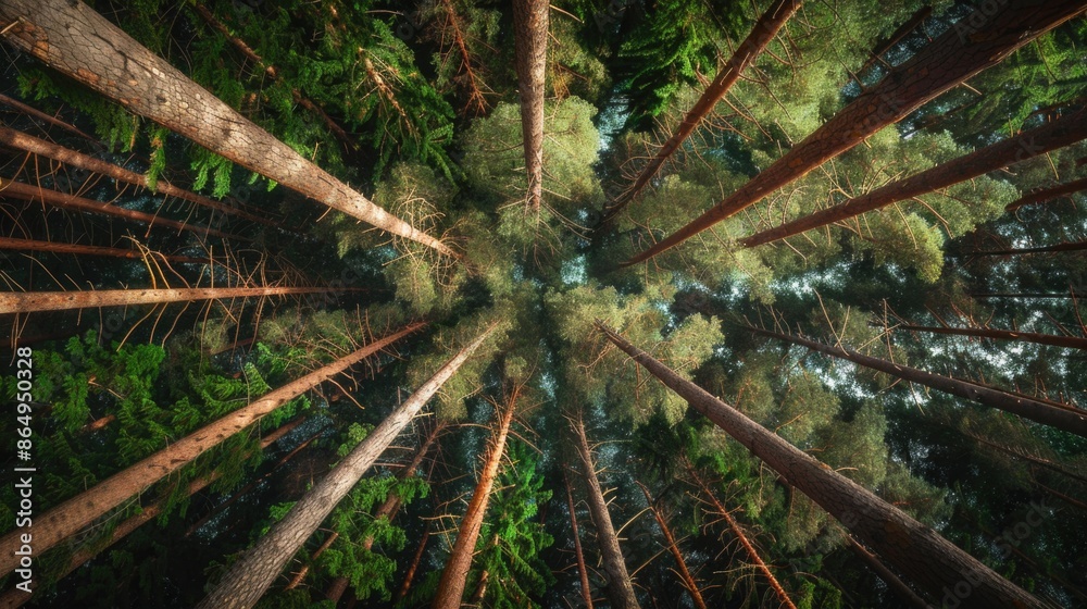 Poster a photo of a forest floor looking up at the trees and foliage