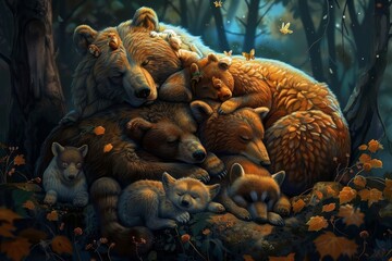 Obraz premium A painting depicting a family of bears in a forest setting, A surreal illustration of a family of animals bonding together