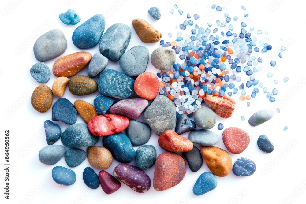 Poster a pile of rocks and stones on a white surface, ideal for use as a decorative element or in a still l