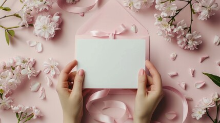 Obraz premium An envelope, ribbon, and flowers are attached to a pastel pink background on a blank paper card. Wedding stationery set, top view