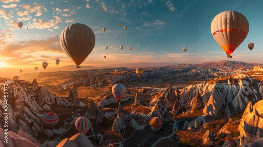 Poster Colorful hot air balloons soaring above a serene valley landscape, great for travel or adventure themes