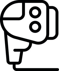 Simple black and white line art icon of a hair dryer, a tool used by hairdressers for drying hair