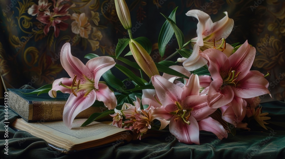Aufkleber a bouquet of pink flowers sits atop an open book, perfect for adding a touch of elegance to any scen
