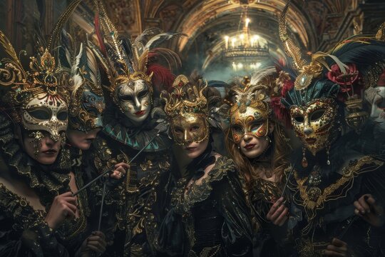 A diverse group of individuals gathered in a room, all wearing masks, A surreal interpretation of a masquerade ball with mysterious characters in ornate masks - Powered by Adobe