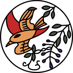 カラー円形シンプル花札　卯月　藤　不如帰　4月　藤に不如帰