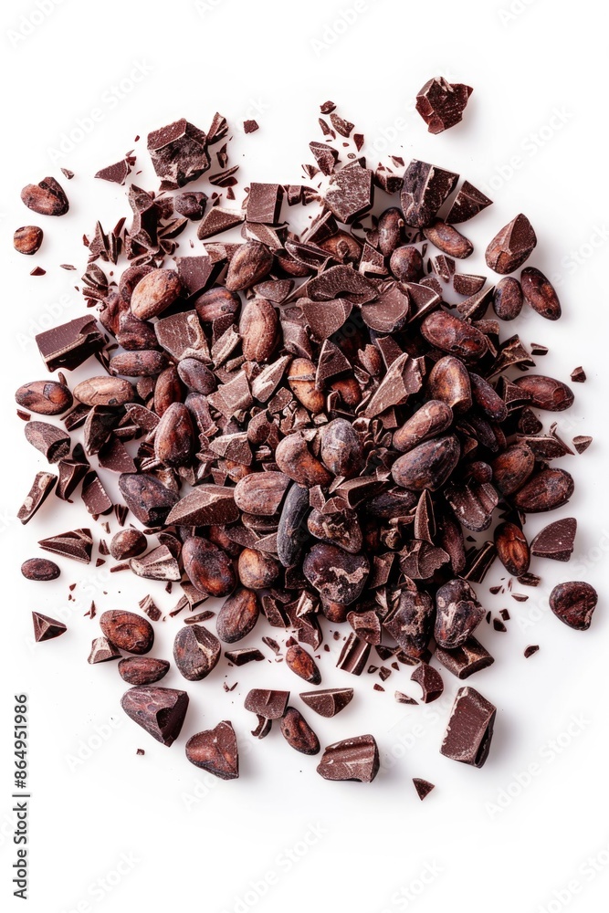 Poster a collection of rich and creamy chocolate chips arranged neatly on a clean white surface, perfect fo