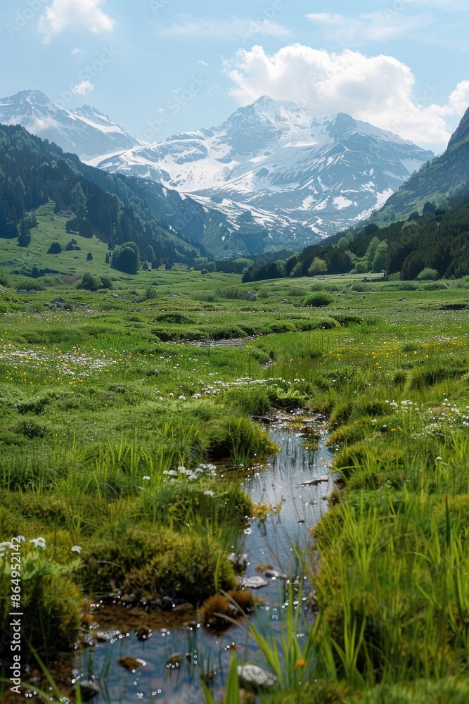 Poster a serene scene with a small stream flowing through a lush green field, suitable for nature-inspired 