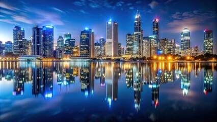 Obraz premium Night view of a modern city skyline reflecting on calm waters , illuminated, panoramic, urban, cityscape, lights