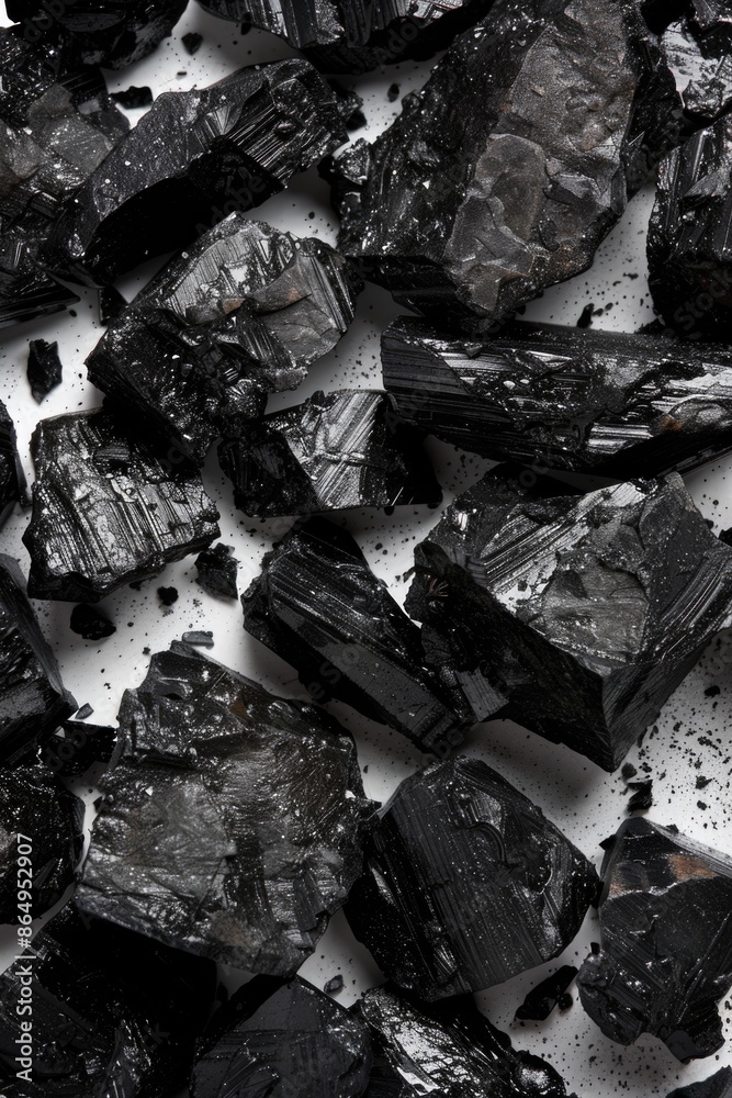 Poster A collection of dark rocks placed on a clean white surface, suitable for use as a decorative element or in a still life composition