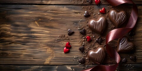 Naklejka premium Closeup of Valentine's Day chocolate ribbon candy hearts on old wooden background. Concept Valentine's Day, Chocolate, Ribbon Candy, Hearts, Wooden Background