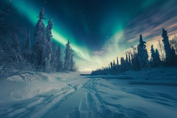 Northern Lights Over Snowy Forest Landscape
