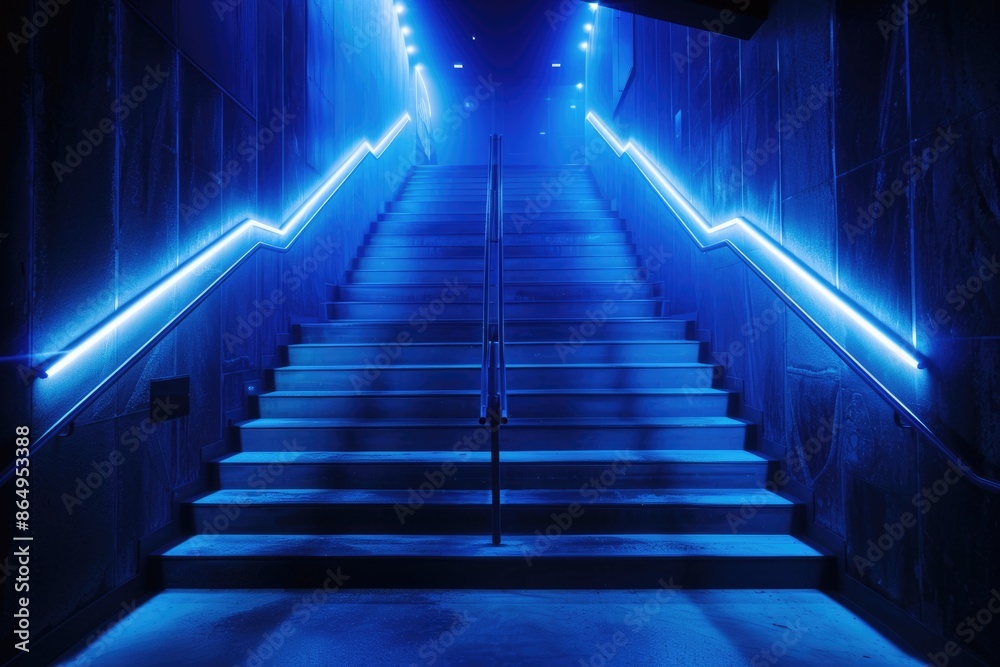 Poster a staircase illuminated by neon lights, suitable for use in nightlife, party or entertainment concep