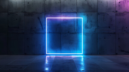 Square neon sign in the middle of an empty room