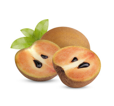 Fresh sapodilla with leaves isolated on transparent background (.PNG)