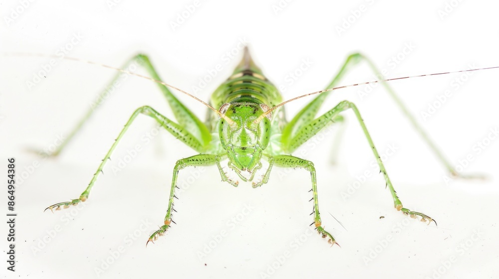 Poster A close-up shot of a grasshopper sitting on a white surface, with its body and legs visible