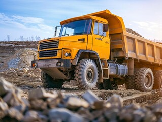 Obraz premium Background with a yellow dump truck at a construction site.