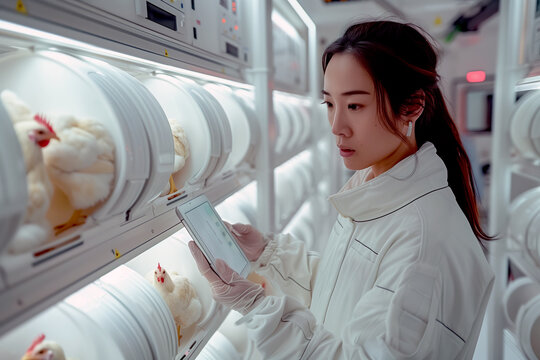 A female scientist dressed in a white lab coat and gloves, using a tablet to monitor chickens housed in advanced incubation units. 