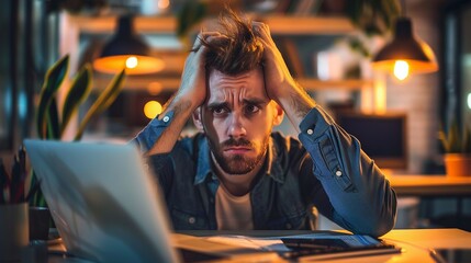 Obraz premium A frustrated man sits at his work desk, hands in hair, surrounded by papers and a laptop, dealing with stress in a dimly lit office.