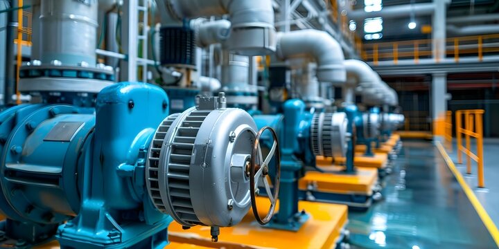 Showcasing water pumps in a power plant's standard perspective. Concept Industrial Equipment, Power Generation, Engineering Design, Mechanical Systems, Energy Production