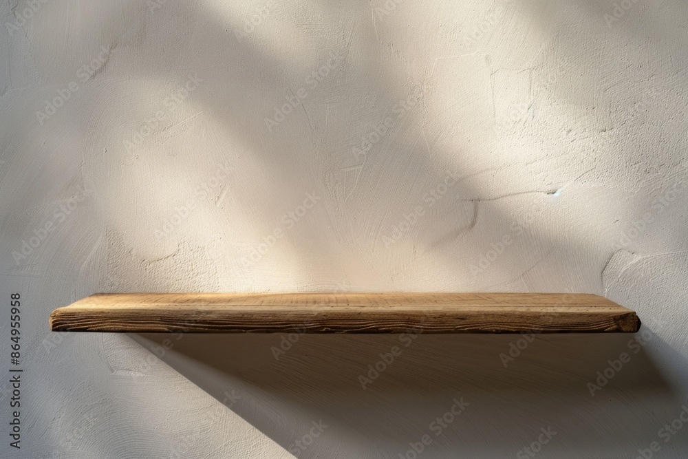 Aufkleber A simple wooden shelf with a clean white background, perfect for displaying small items or as a minimalist decor accent