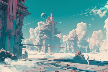 Sci-fi landscape featuring a blend of traditional Ju Jitsu elements within a surreal setting, A surreal landscape blending traditional Ju Jitsu elements with futuristic technology