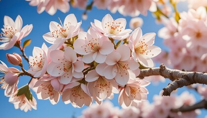 Fototapeta premium Delicate cherry blossom buds against a backdrop of blue sky.