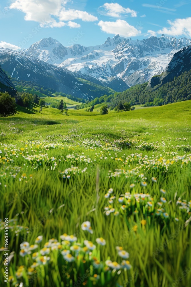 Poster a sunny day scene with a field of blooming flowers and a mountain range in the distance