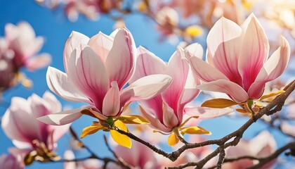Magnolia flowers in full bloom against a blue sky