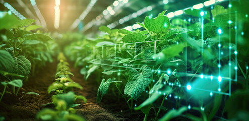 Indoor Greenhouse with Virtual Plant Monitoring System. Concept of high-tech farming and indoor agriculture. Uses: smart farming, greenhouse technology, agricultural innovation.