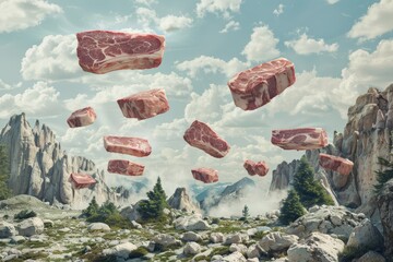 A surreal painting of dry-aged meat flying over a rocky landscape, A surreal landscape featuring floating dry-aged steak cuts