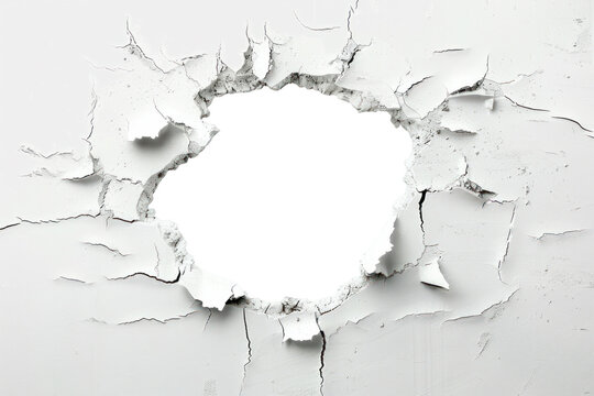 hole breaking through white wall, transparent background, cut out, clipping path, PNG