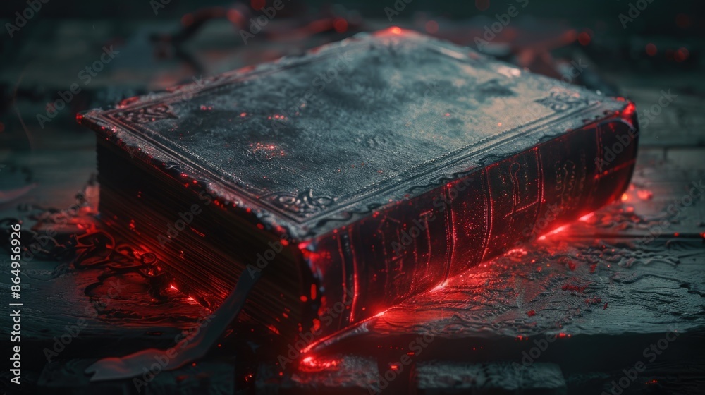 Poster a book with red lights on the cover sitting on a table, great for use in presentations or displays a