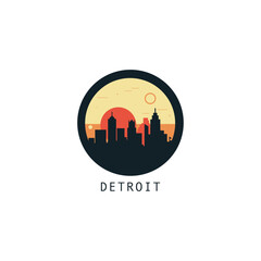 Detroit skyline, downtown panorama logo, logotype. USA, Michigan state round badge contour, isolated vector vintage pictogram with monuments, landmarks