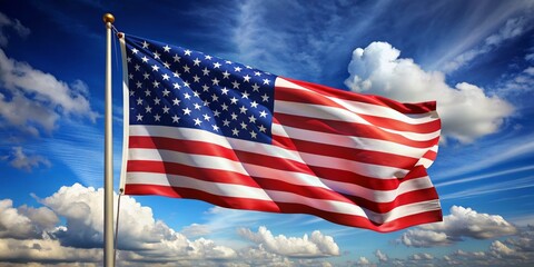 Obraz premium A large American flag is flying in the sky
