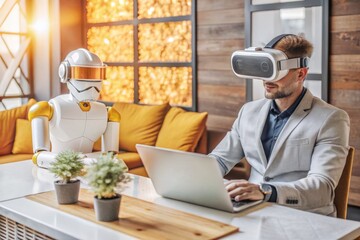 A man is sitting at a desk with a robot next to him