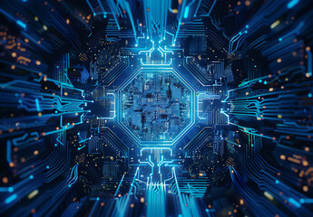 A futuristic tunnel with vibrant blue