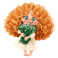 Cute cartoon girl with curly red hair in a linen dress holds a large armful of wildflowers