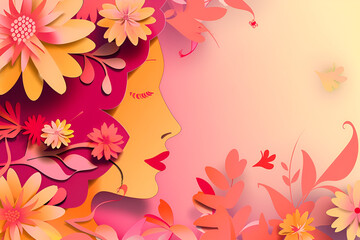 Illustration of face and flowers style paper cut with copy space for international women's day Generative AI