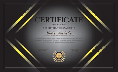 Elegant black and gold blue diploma certificate template with luxury badge and modern line pattern. For award, business, and education needs. Use for print, certificate, diploma, graduation