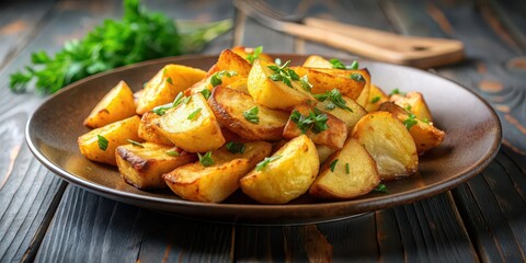 Crispy golden fried potatoes served on a plate , potatoes, fried, crispy, golden, delicious, dish, food, snack, side