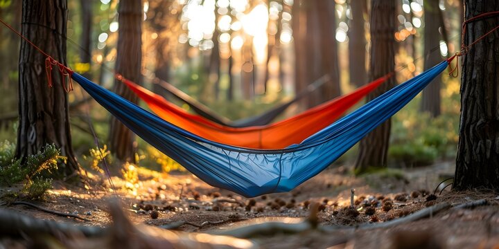 Background of portable camping hammocks for outdoor enthusiasts and nature lovers. Concept Portable Camping Hammocks, Outdoor Enthusiasts, Nature Lovers, Relaxing Outdoors, Camping Gear